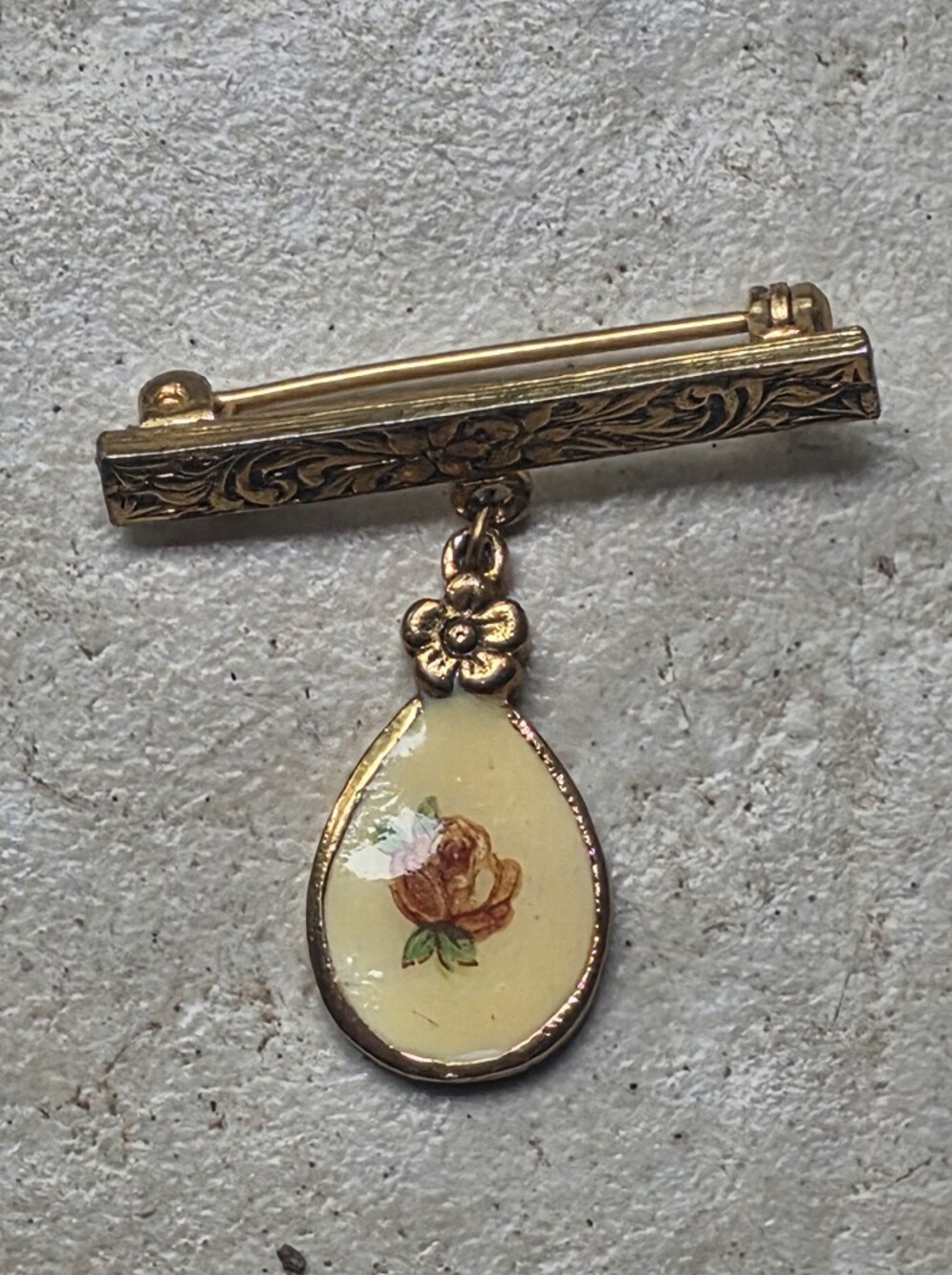 Guillotine Bar Brooch With Painted Floral Enamel Tear Drop Pendant